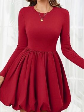 Long Sleeve Red Fit-and-Flare Bubble Hem Dress